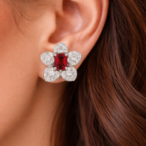Garnet CZ Octagon Flower 925 Sterling Silver Handmade Floral Stud Earrings Gift