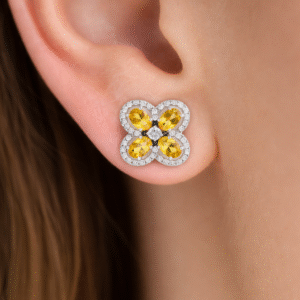 Citrine CZ Clover Studs 925 Sterling Silver Halo Flower Earrings For Women - November Birthstone Jewelry