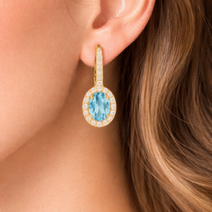 Blue Topaz CZ Oval Earrings - 925 Sterling Silver Handmade Gemstone Halo Earrings For Women Jewelry
