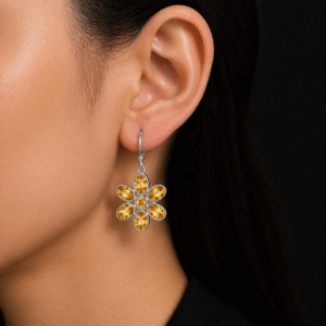 Citrine CZ Flower Dangle Earrings - 925 Sterling Silver Handmade Floral Earrings For Women
