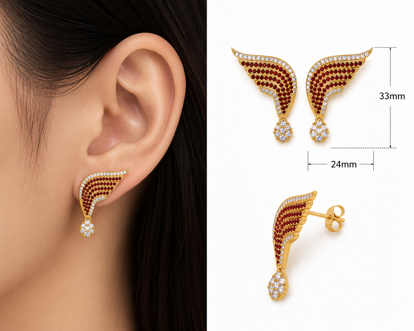 Angel Wings Drop Earrings – Red Garnet & CZ Gold Plated 925 Sterling Silver 18k Gold Plated Anniversary Gift - Image 5